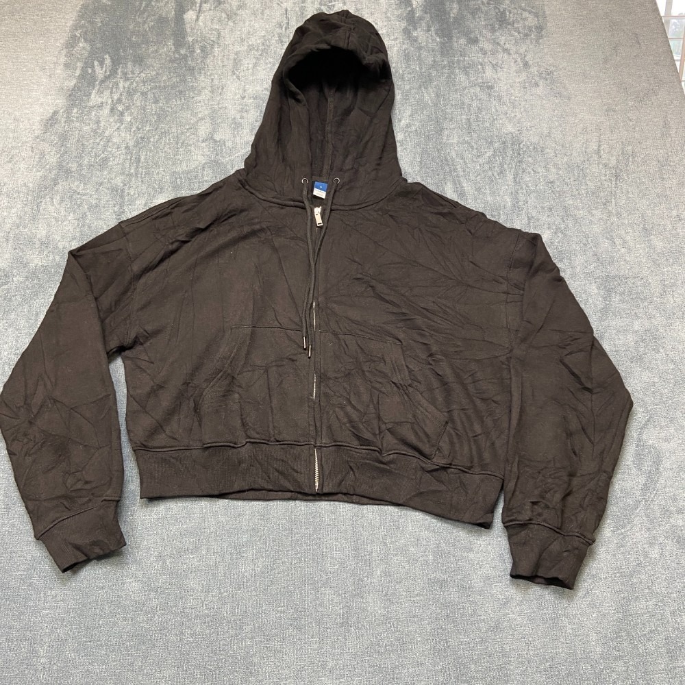 Old Navy Cropped Hoodie Womens S Black Fleece Lined Drawstring Casual Full Zip